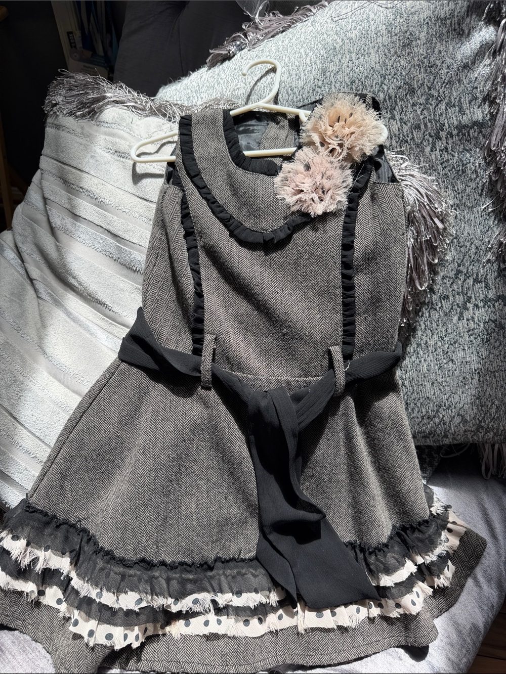 Trish Scully Grey Herringbone Ruffle Dress with Black Sash